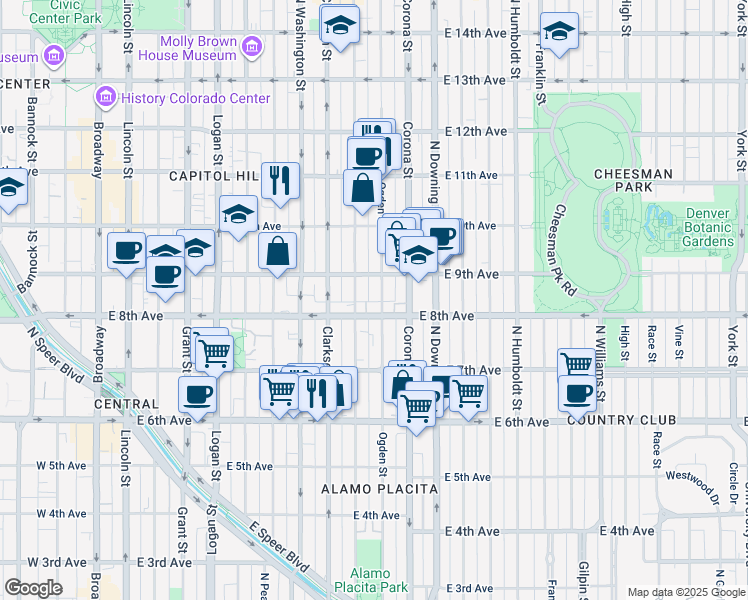 map of restaurants, bars, coffee shops, grocery stores, and more near 900 East 8th Avenue in Denver