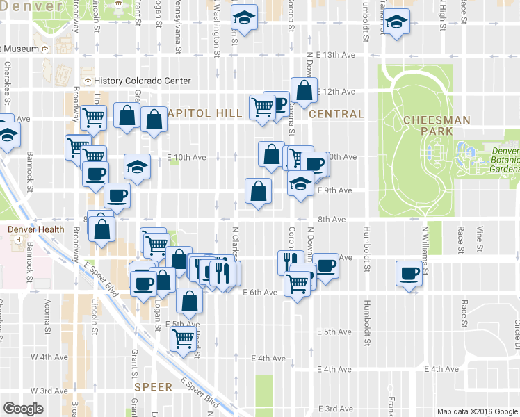 map of restaurants, bars, coffee shops, grocery stores, and more near 900 East 8th Avenue in Denver