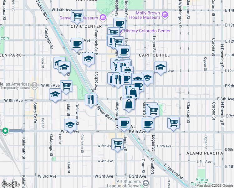 map of restaurants, bars, coffee shops, grocery stores, and more near 2 West 8th Avenue in Denver