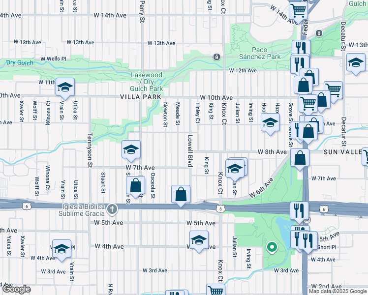 map of restaurants, bars, coffee shops, grocery stores, and more near 740 Meade Street in Denver