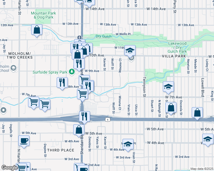 map of restaurants, bars, coffee shops, grocery stores, and more near 4812 West 8th Avenue in Denver