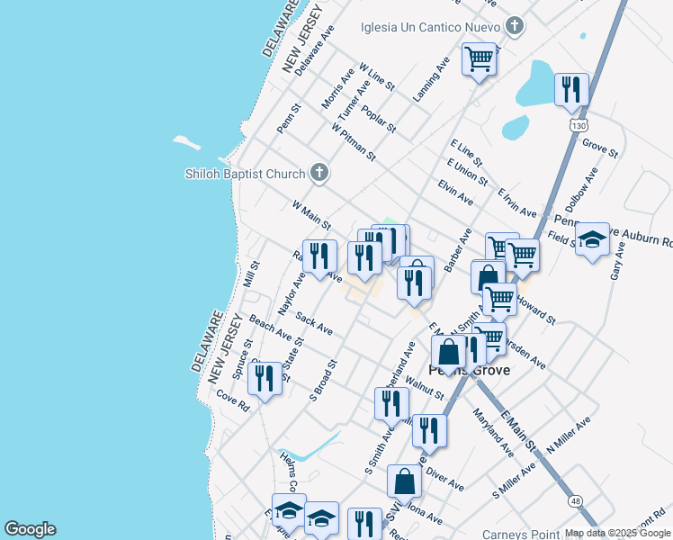 map of restaurants, bars, coffee shops, grocery stores, and more near 40 State Street in Penns Grove