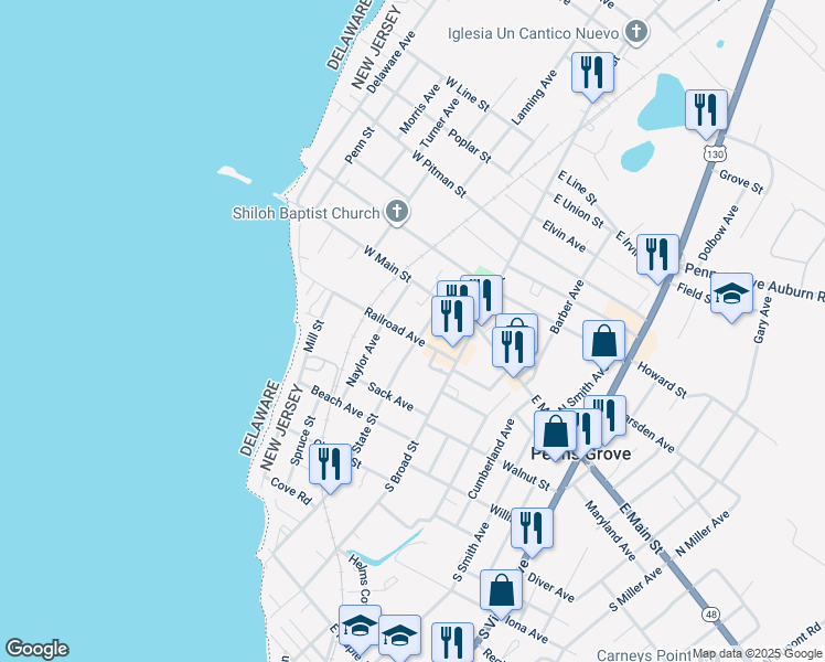 map of restaurants, bars, coffee shops, grocery stores, and more near 40 State Street in Penns Grove