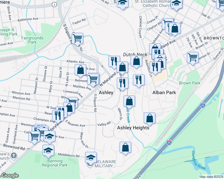 map of restaurants, bars, coffee shops, grocery stores, and more near 37 Hillside Road in Wilmington