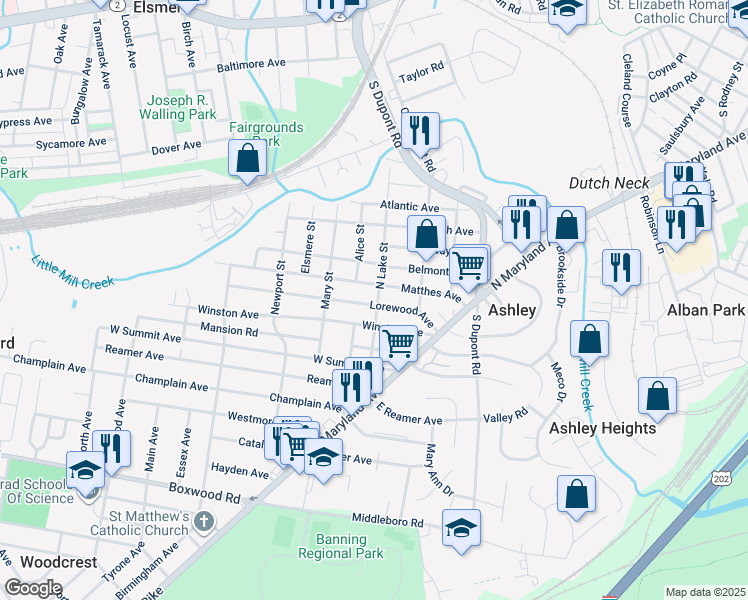 map of restaurants, bars, coffee shops, grocery stores, and more near 105 Winston Avenue in Wilmington
