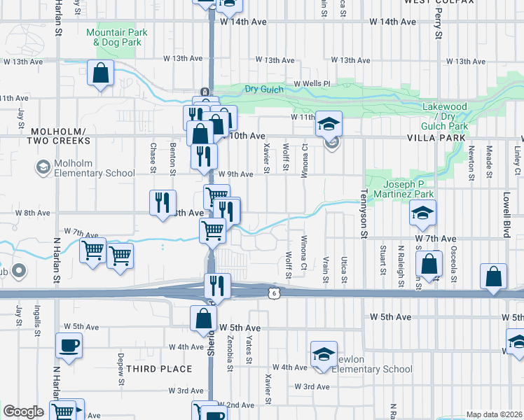 map of restaurants, bars, coffee shops, grocery stores, and more near 4812 West 8th Avenue in Denver