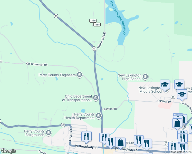 map of restaurants, bars, coffee shops, grocery stores, and more near 2630 Ohio 13 in New Lexington