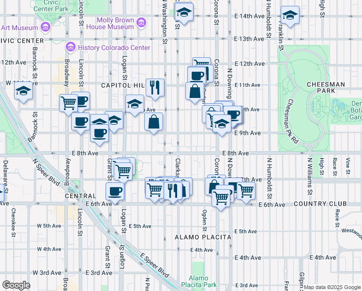 map of restaurants, bars, coffee shops, grocery stores, and more near 830 North Clarkson street in Denver