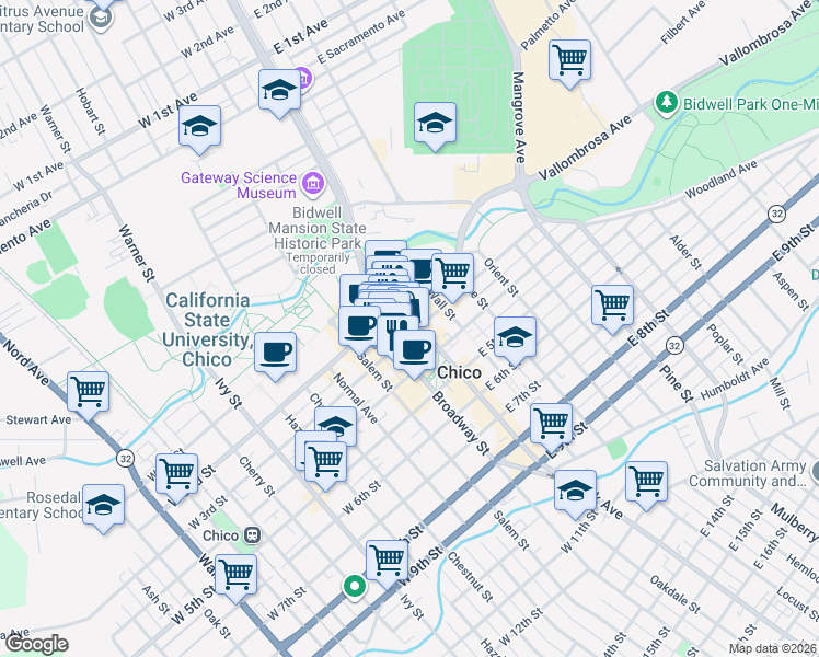 map of restaurants, bars, coffee shops, grocery stores, and more near 240 Main Street in Chico