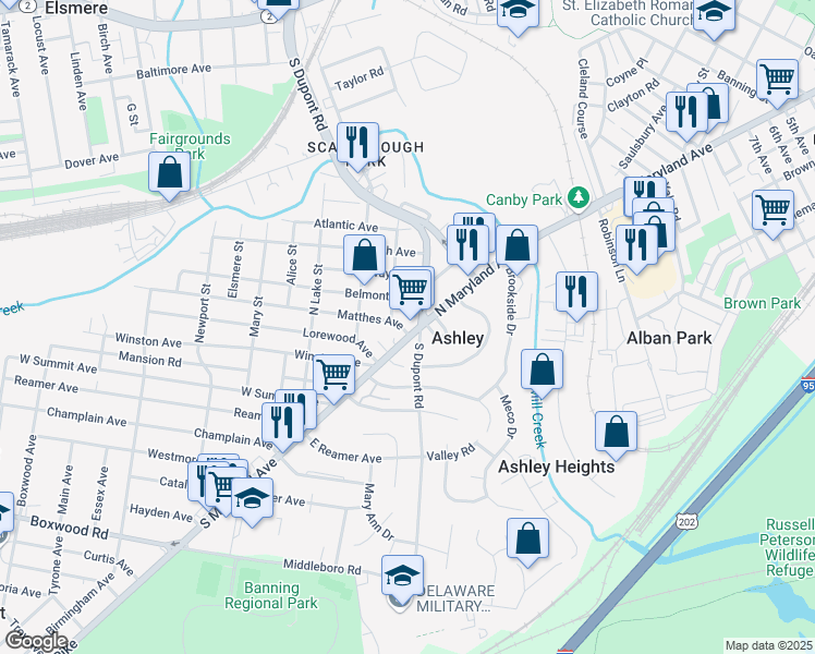 map of restaurants, bars, coffee shops, grocery stores, and more near 1 Matthes Avenue in Wilmington
