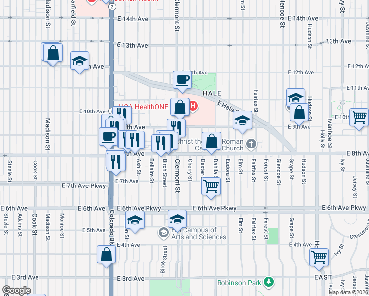 map of restaurants, bars, coffee shops, grocery stores, and more near 785 Cherry Street in Denver
