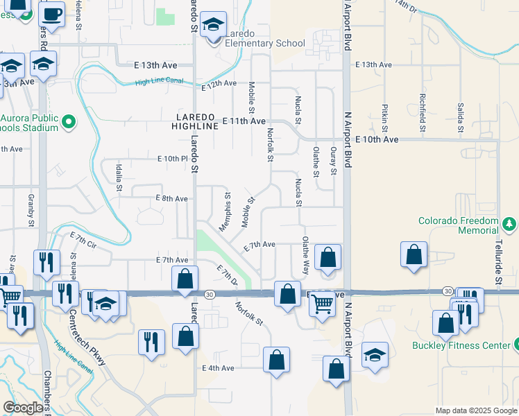 map of restaurants, bars, coffee shops, grocery stores, and more near 758 Norfolk Way in Aurora