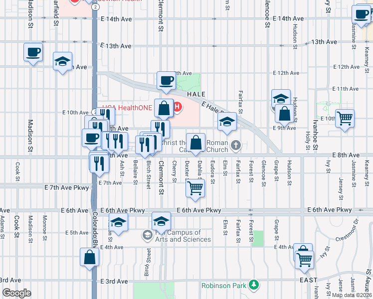 map of restaurants, bars, coffee shops, grocery stores, and more near 780 Dexter Street in Denver