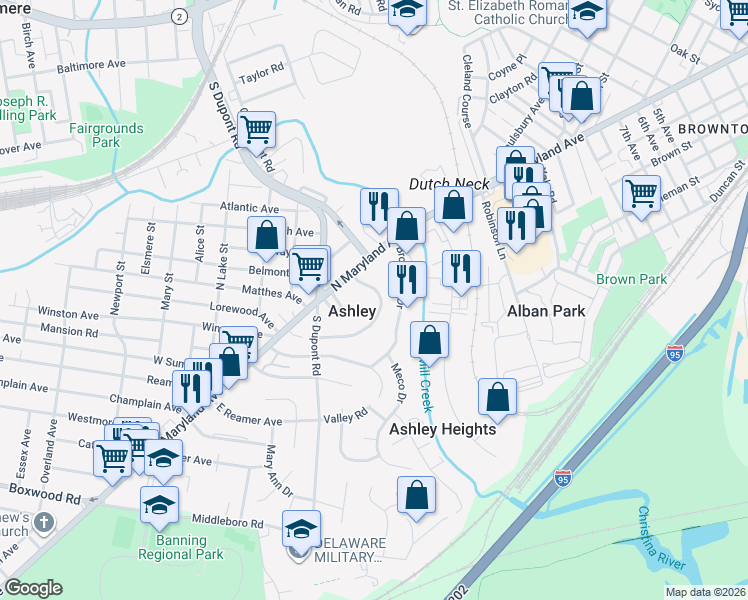 map of restaurants, bars, coffee shops, grocery stores, and more near 37 Hillside Road in Wilmington