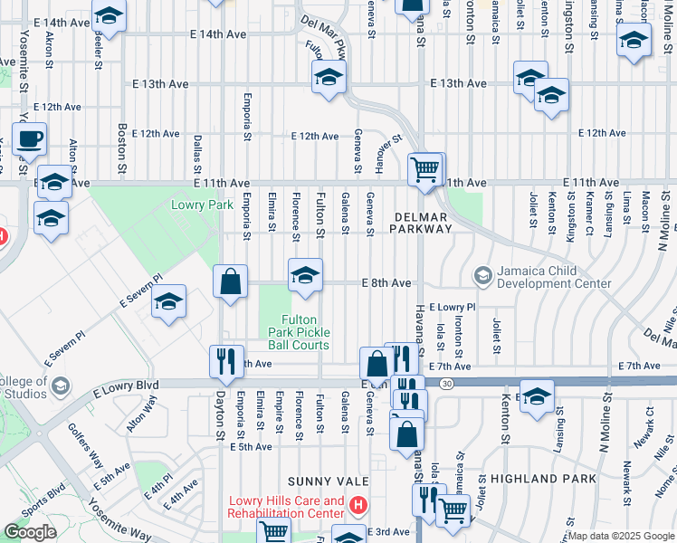 map of restaurants, bars, coffee shops, grocery stores, and more near 799 Galena Street in Aurora