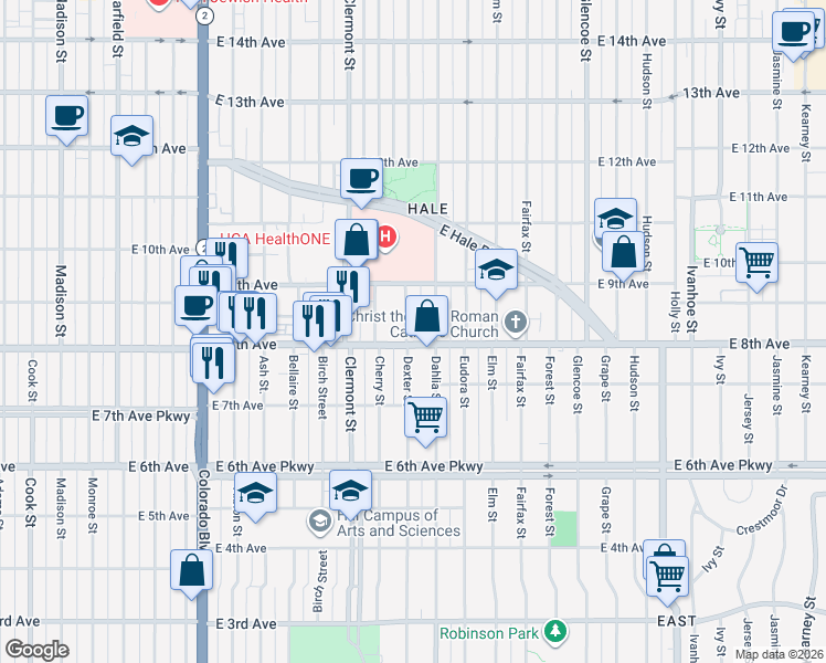 map of restaurants, bars, coffee shops, grocery stores, and more near 820 Dexter Street in Denver