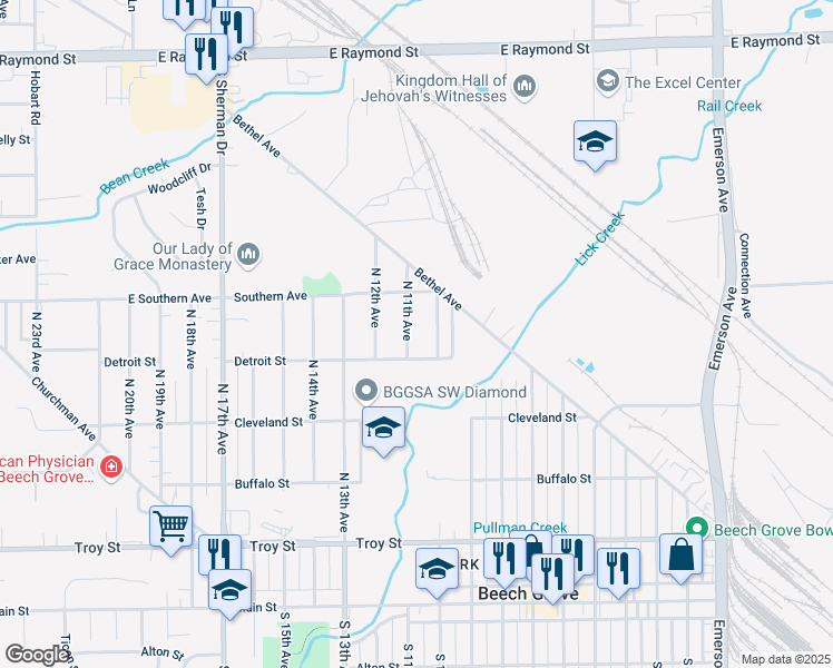 map of restaurants, bars, coffee shops, grocery stores, and more near 404 North 10th Avenue in Beech Grove
