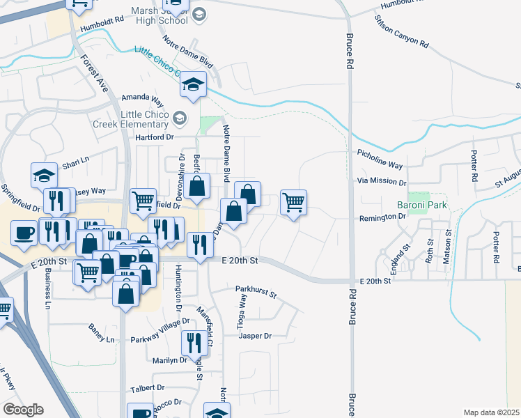 map of restaurants, bars, coffee shops, grocery stores, and more near 2297 Sadie Lane in Chico