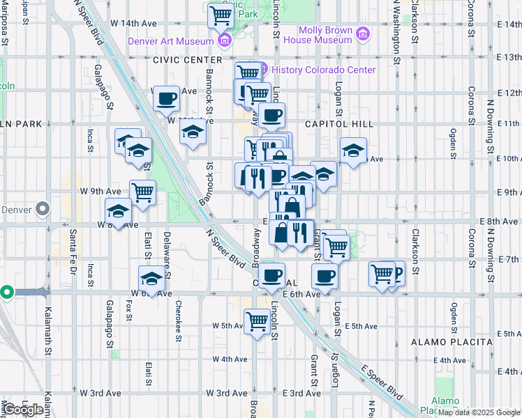 map of restaurants, bars, coffee shops, grocery stores, and more near 29 East 8th Avenue in Denver