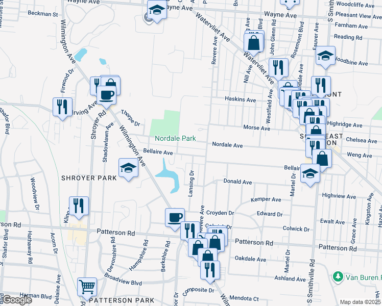 map of restaurants, bars, coffee shops, grocery stores, and more near 229 Bellaire Avenue in Dayton