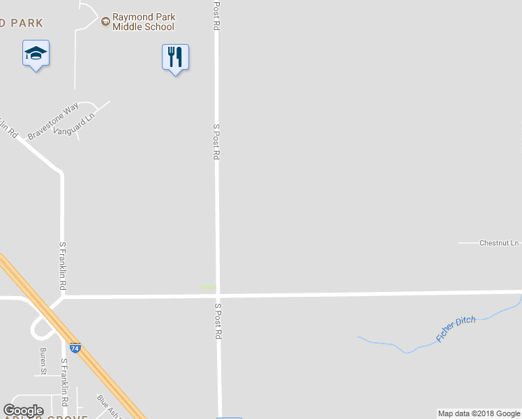map of restaurants, bars, coffee shops, grocery stores, and more near 2661 South Post Road in Indianapolis