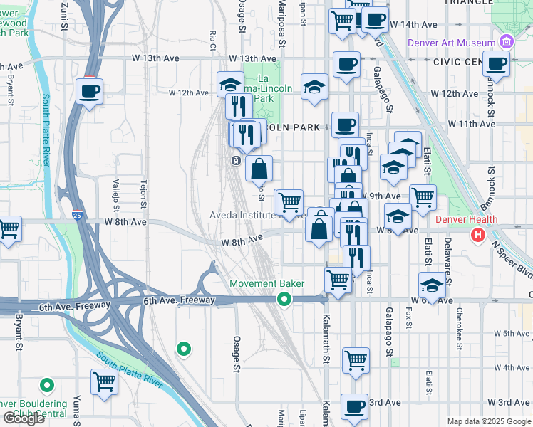 map of restaurants, bars, coffee shops, grocery stores, and more near 783 Navajo Street in Denver