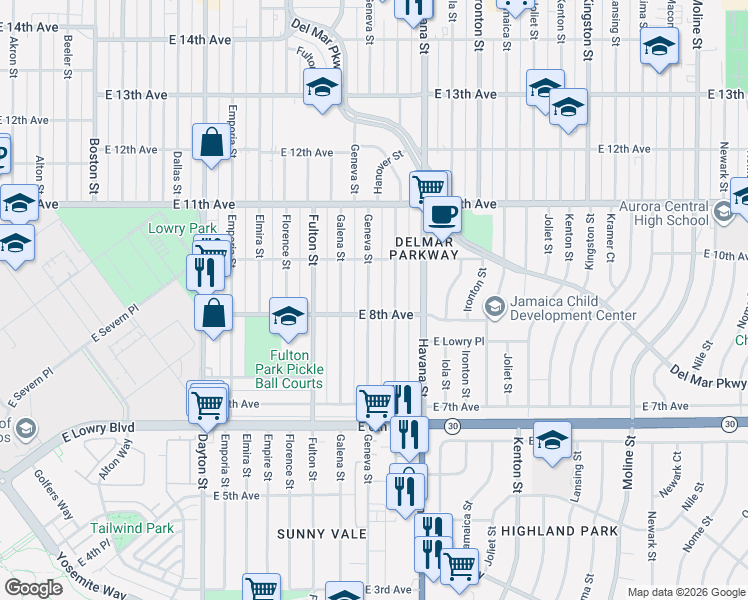 map of restaurants, bars, coffee shops, grocery stores, and more near 792 Geneva Street in Aurora