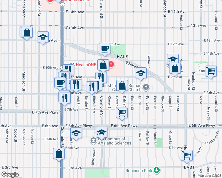 map of restaurants, bars, coffee shops, grocery stores, and more near 785 Cherry Street in Denver