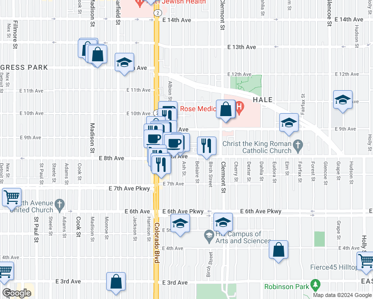 map of restaurants, bars, coffee shops, grocery stores, and more near 4136 East 8th Avenue in Denver
