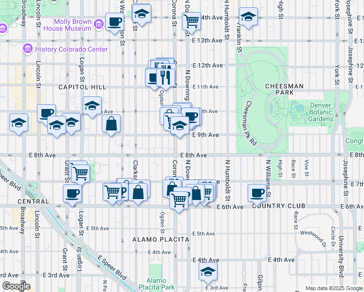map of restaurants, bars, coffee shops, grocery stores, and more near 1196 East 8th Avenue in Denver