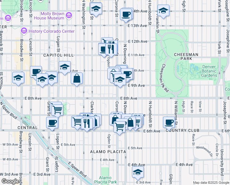 map of restaurants, bars, coffee shops, grocery stores, and more near 787 Corona Street in Denver