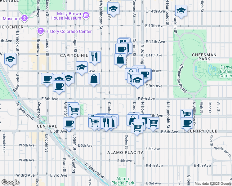 map of restaurants, bars, coffee shops, grocery stores, and more near 900 East 8th Avenue in Denver