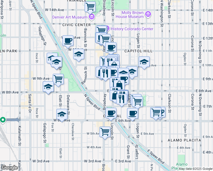 map of restaurants, bars, coffee shops, grocery stores, and more near 29 East 8th Avenue in Denver