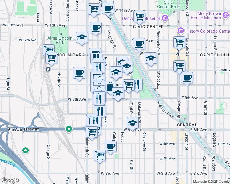 map of restaurants, bars, coffee shops, grocery stores, and more near in Denver