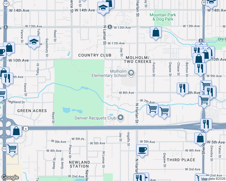 map of restaurants, bars, coffee shops, grocery stores, and more near 645 Kendall Way in Lakewood