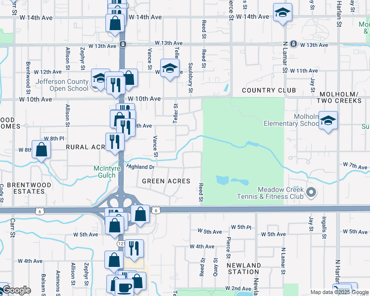 map of restaurants, bars, coffee shops, grocery stores, and more near 815 Crescent Lane in Lakewood