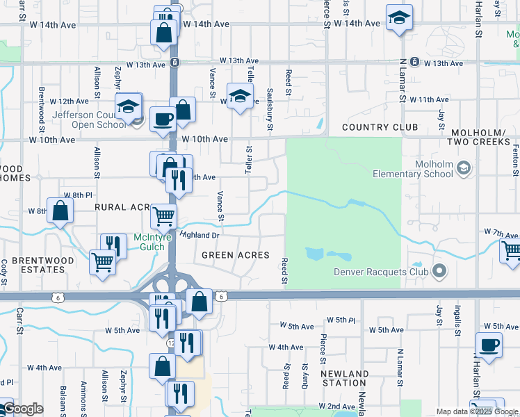 map of restaurants, bars, coffee shops, grocery stores, and more near 815 Crescent Lane in Lakewood