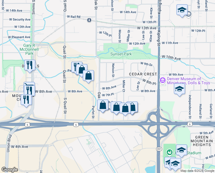 map of restaurants, bars, coffee shops, grocery stores, and more near 10645 West 7th Place in Lakewood