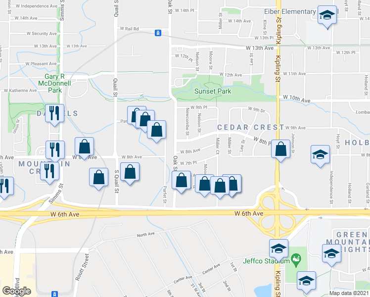 map of restaurants, bars, coffee shops, grocery stores, and more near 10645 West 7th Place in Lakewood