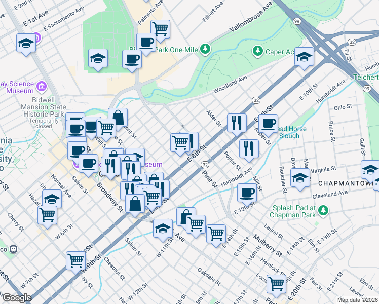 map of restaurants, bars, coffee shops, grocery stores, and more near 598 East 8th Street in Chico