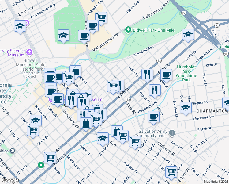 map of restaurants, bars, coffee shops, grocery stores, and more near 598 East 8th Street in Chico