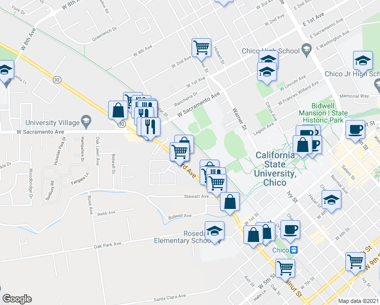 map of restaurants, bars, coffee shops, grocery stores, and more near 636 Nord Avenue in Chico