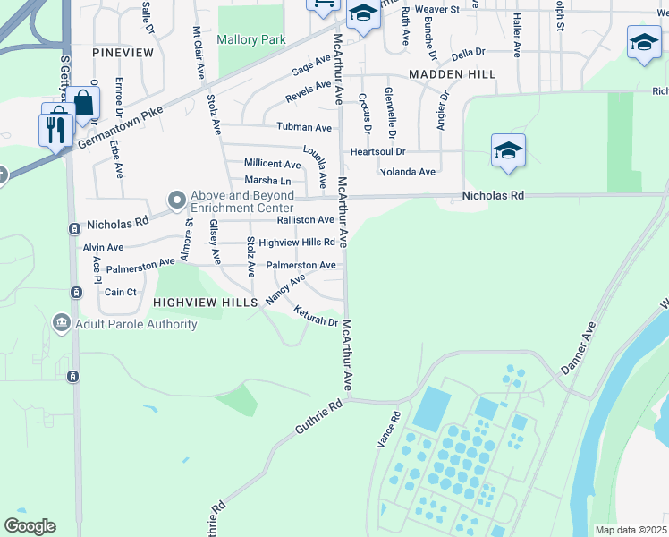 map of restaurants, bars, coffee shops, grocery stores, and more near 1723 McArthur Avenue in Dayton
