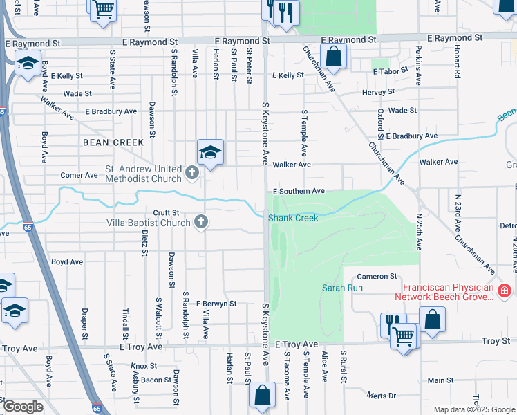 map of restaurants, bars, coffee shops, grocery stores, and more near 2690 South Keystone Avenue in Indianapolis