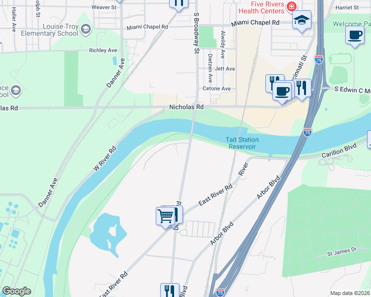 map of restaurants, bars, coffee shops, grocery stores, and more near 1901 Dryden Road in Dayton