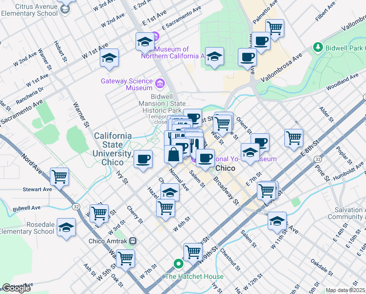 map of restaurants, bars, coffee shops, grocery stores, and more near 146 Broadway Street in Chico