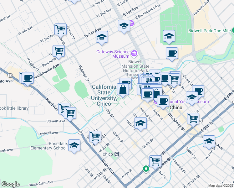 map of restaurants, bars, coffee shops, grocery stores, and more near 400 West 1st Street in Chico