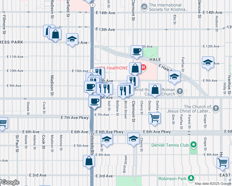 map of restaurants, bars, coffee shops, grocery stores, and more near 829 Bellaire Street in Denver