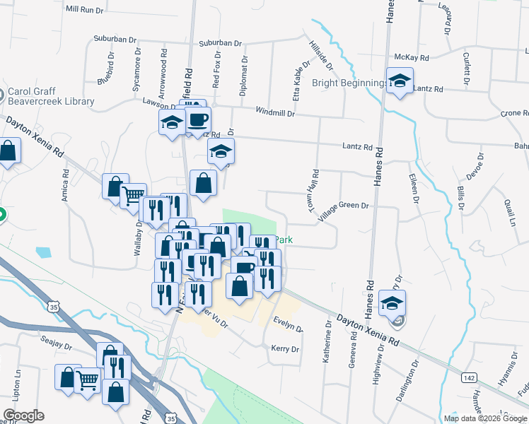 map of restaurants, bars, coffee shops, grocery stores, and more near 1413 Meadow Bridge Drive in Dayton