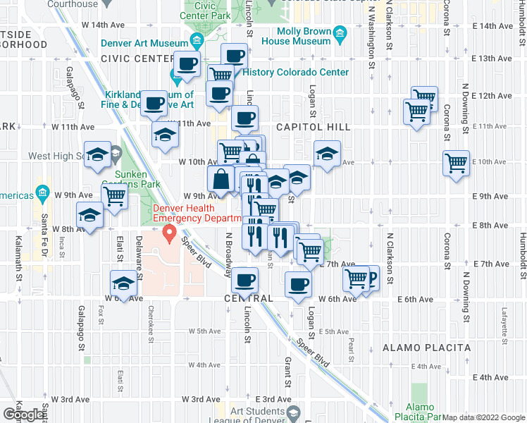map of restaurants, bars, coffee shops, grocery stores, and more near 835 Sherman Street in Denver